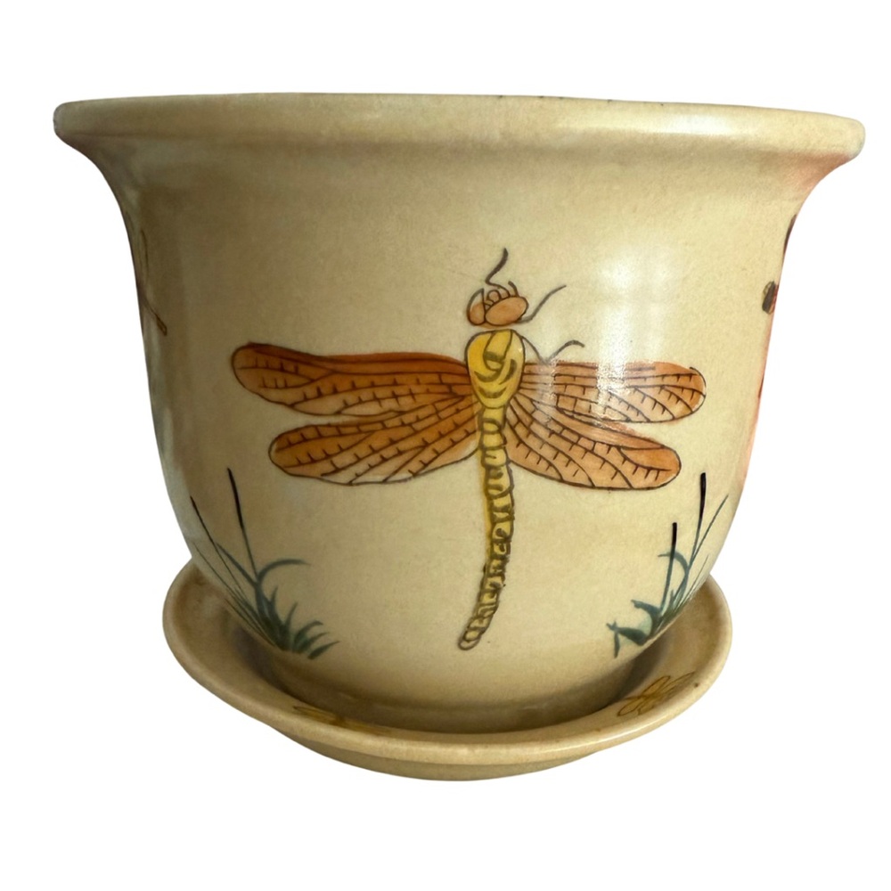 Handcrafted Dragonfly Ceramic Planter with Saucer